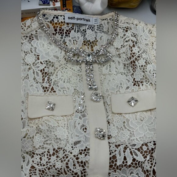 🆕 SELF-PORTRAIT 🧿 BNWOT Cream Lace Diamante Bow Midi Dress, Sz US 2 / UK 6 - Picture 11 of 16